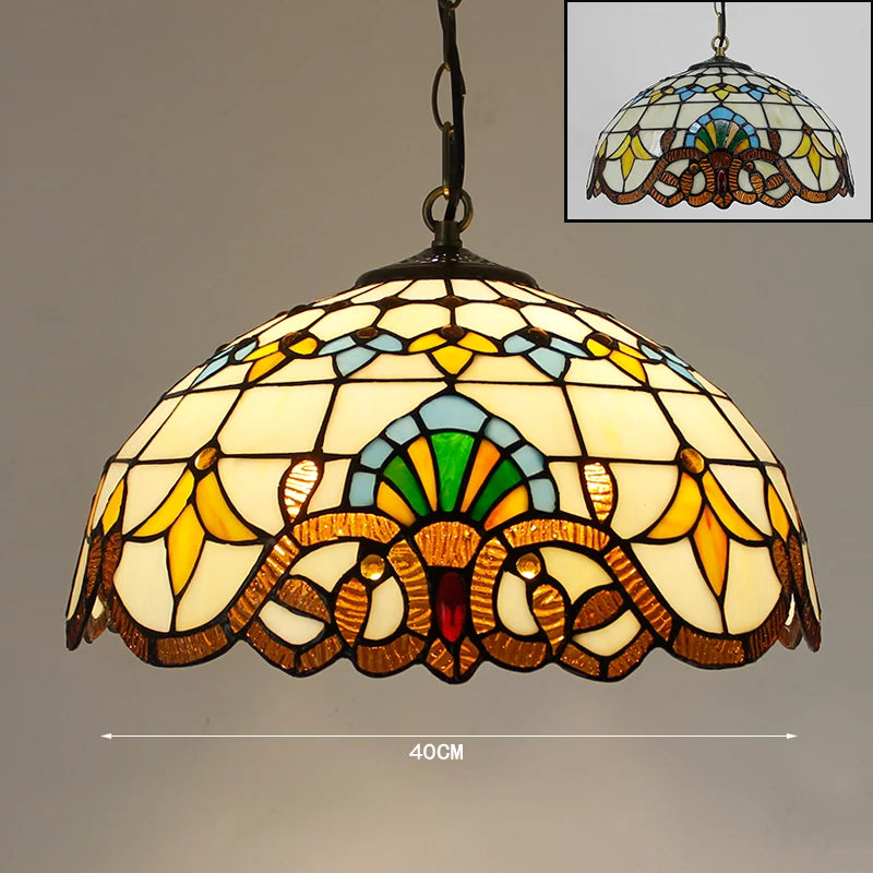 Retro tiffany pendant light baroque pearl stained glass chandelier 16' sea blue brown - vue 4 sur 9