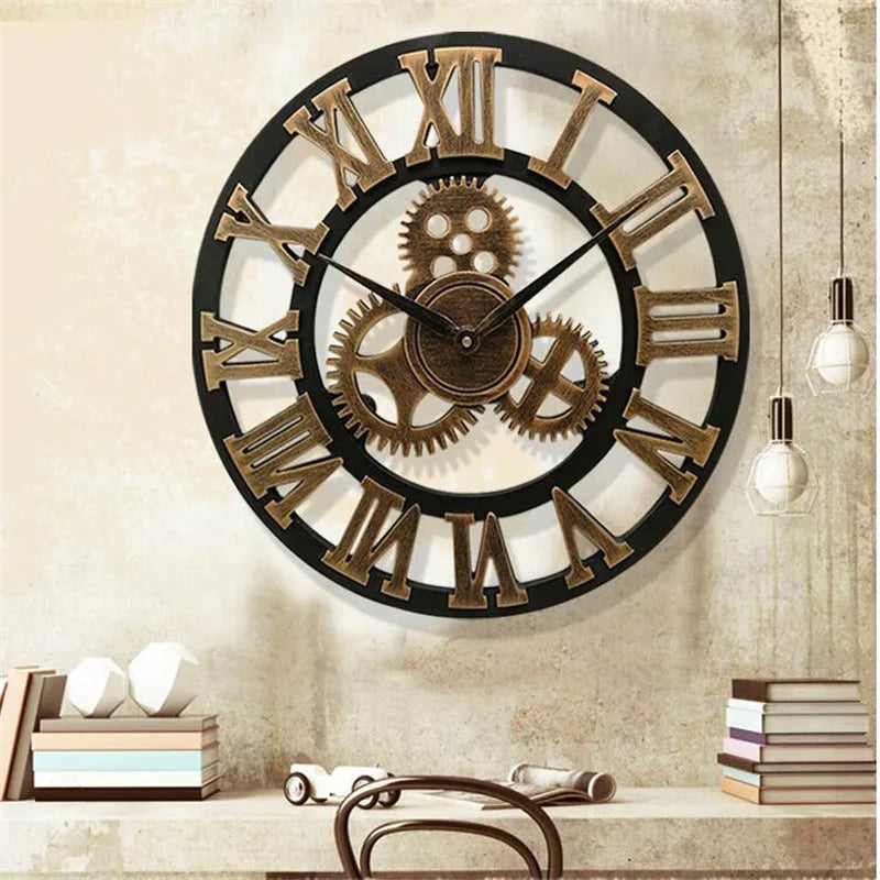 retro wooden wall clock industrial style for artistic decoration - vue 7 sur 10