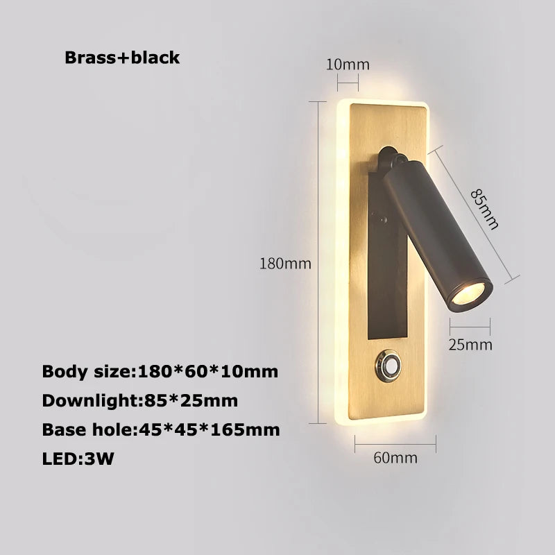 LED Brass Black Wall Lamp Wall Light Wall Sconce Wall Mounted Reading Light with Switch and USB Port, Rotatable For Bedroom - vue 20 sur 23