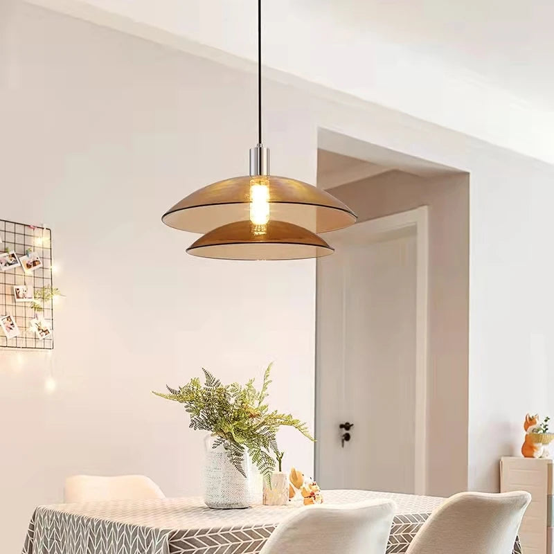 Modern double-layer glass pendant light in chrome metal