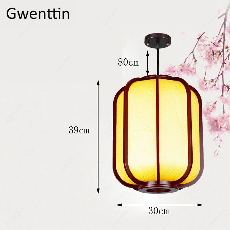 Chinese style wood pendant light with sheepskin lantern