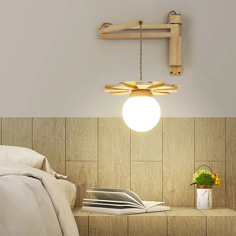 Nordic wooden hanging wall lamp with swing arm LED for bedside, living room or study with milky white glass shade