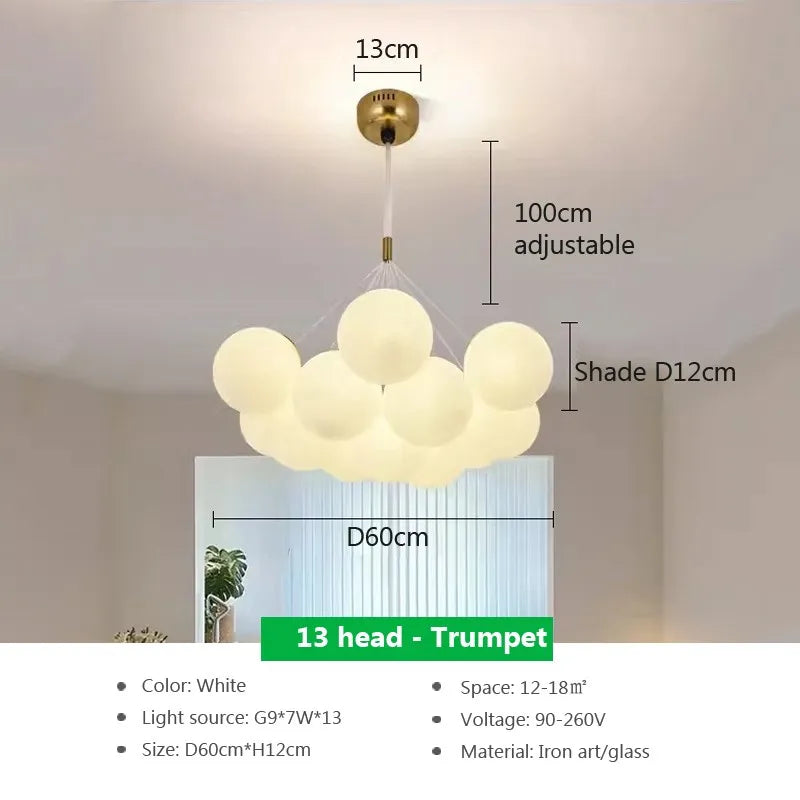 Modern glass chandelier with white LED spheres for living and dining room - vue 14 sur 18