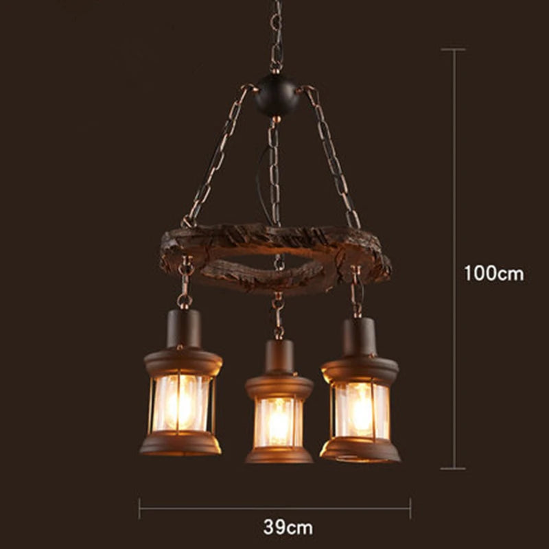 Retro wood industrial style chandelier for café and restaurant - vue 10 sur 24