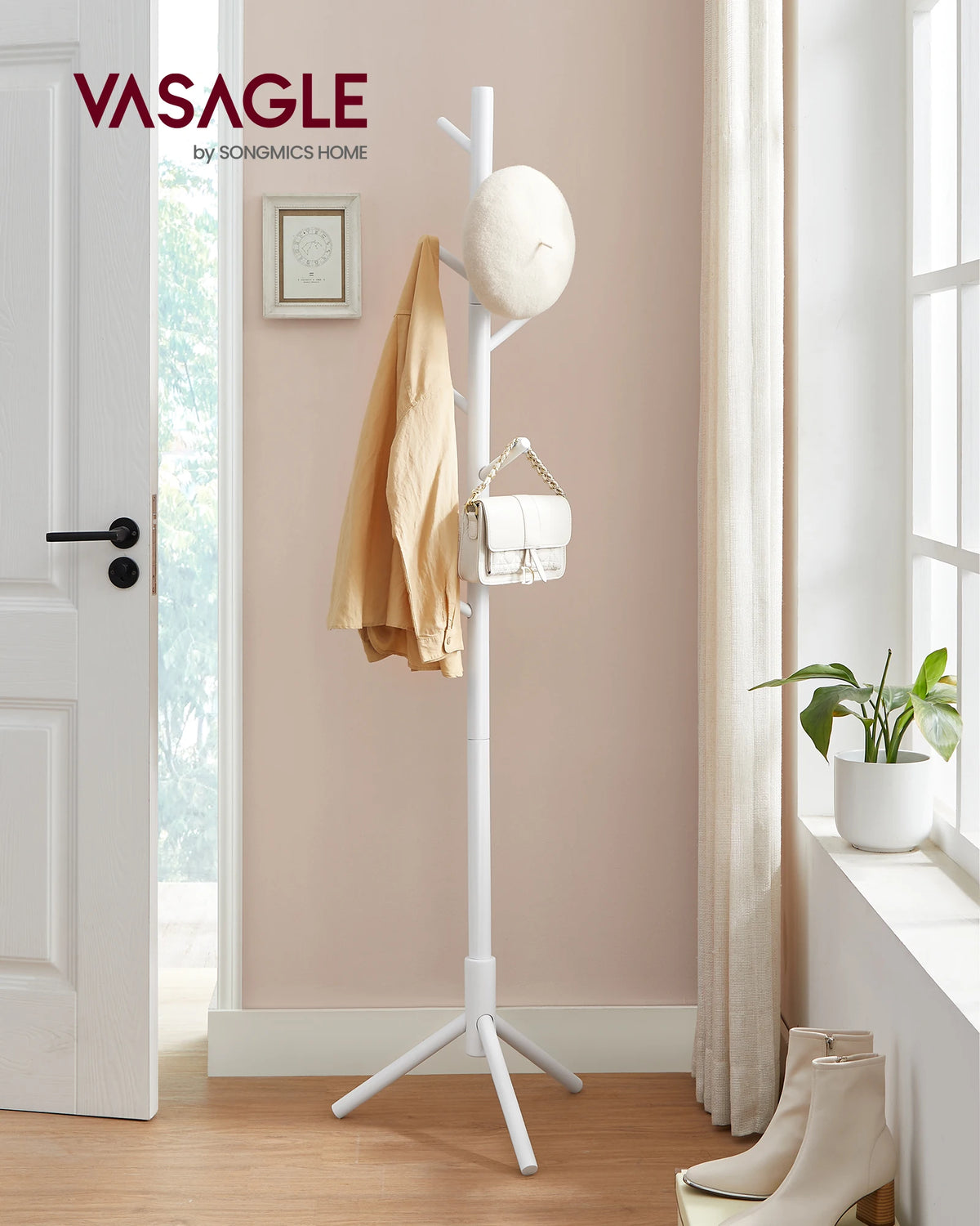 VASAGLE Standing Coat Rack, Solid Wood Coat Rack, Tree-Shaped Coat Rack with 8 Hooks, 3 Height Options, for Clothes, Hats, Bags - vue 1 sur 7