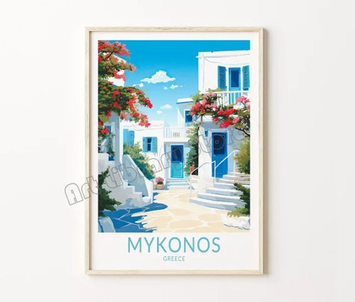 Retro travel poster with Santorini castle and island