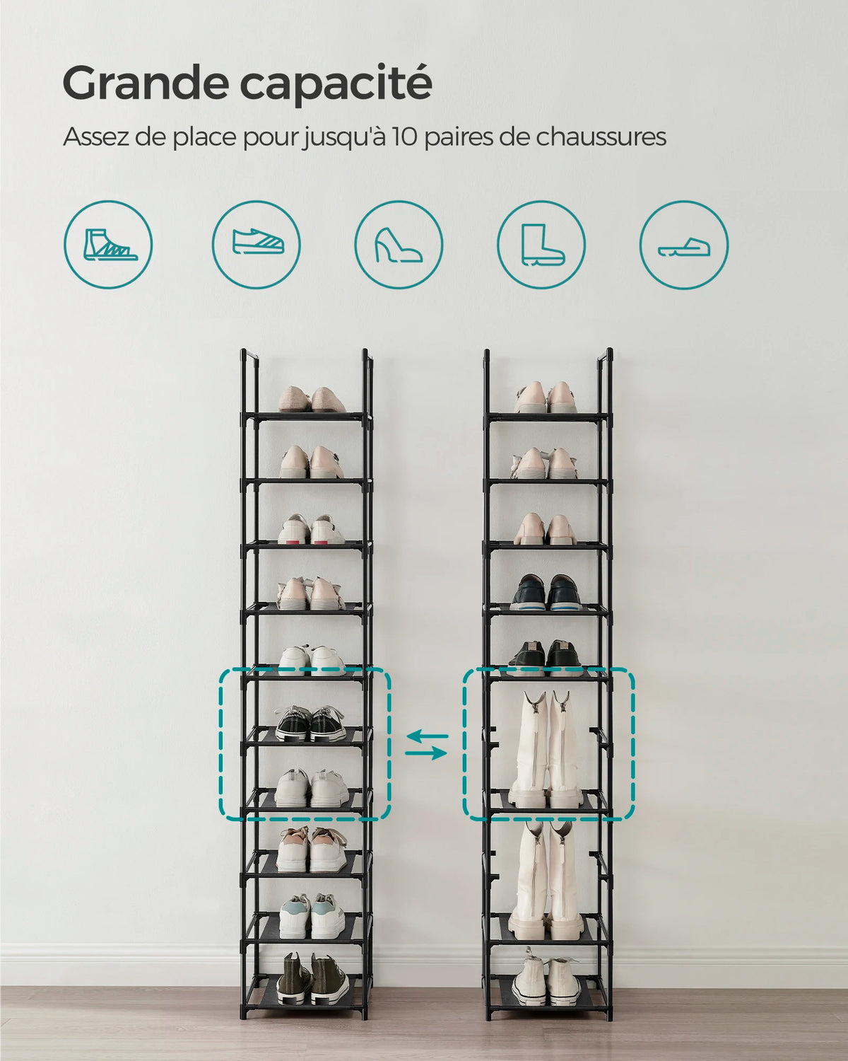 SONGMICS 10-Tier Shoe Rack, Shoe Stand, Space-Saving Shoe Storage, 33 x 33 x 173 cm, Metal Frame, Non-Woven Fabric Shelves - vue 3 sur 7