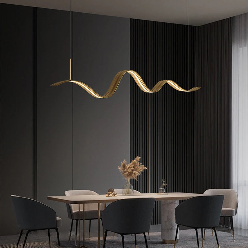 Modern copper LED chandelier with wave design
