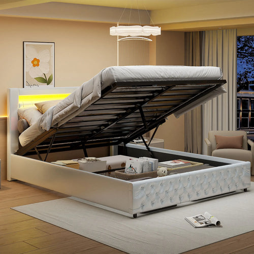Upholstered Bed, Double Bed, PU Bedside Lamp, Hydraulic Functional Storage Bed, Headboard and Slatted Base, Padded Backrest - vue 5 sur 9