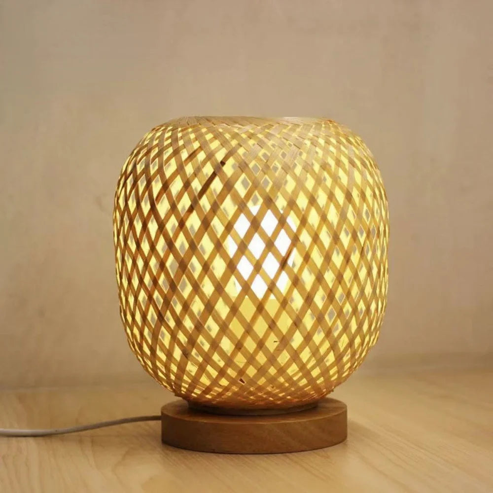 Bamboo Weaving Table Lamp with Handmade Natural Wooden Base, Retro Desk Lamp Reading Light Home Decor Table Lamp