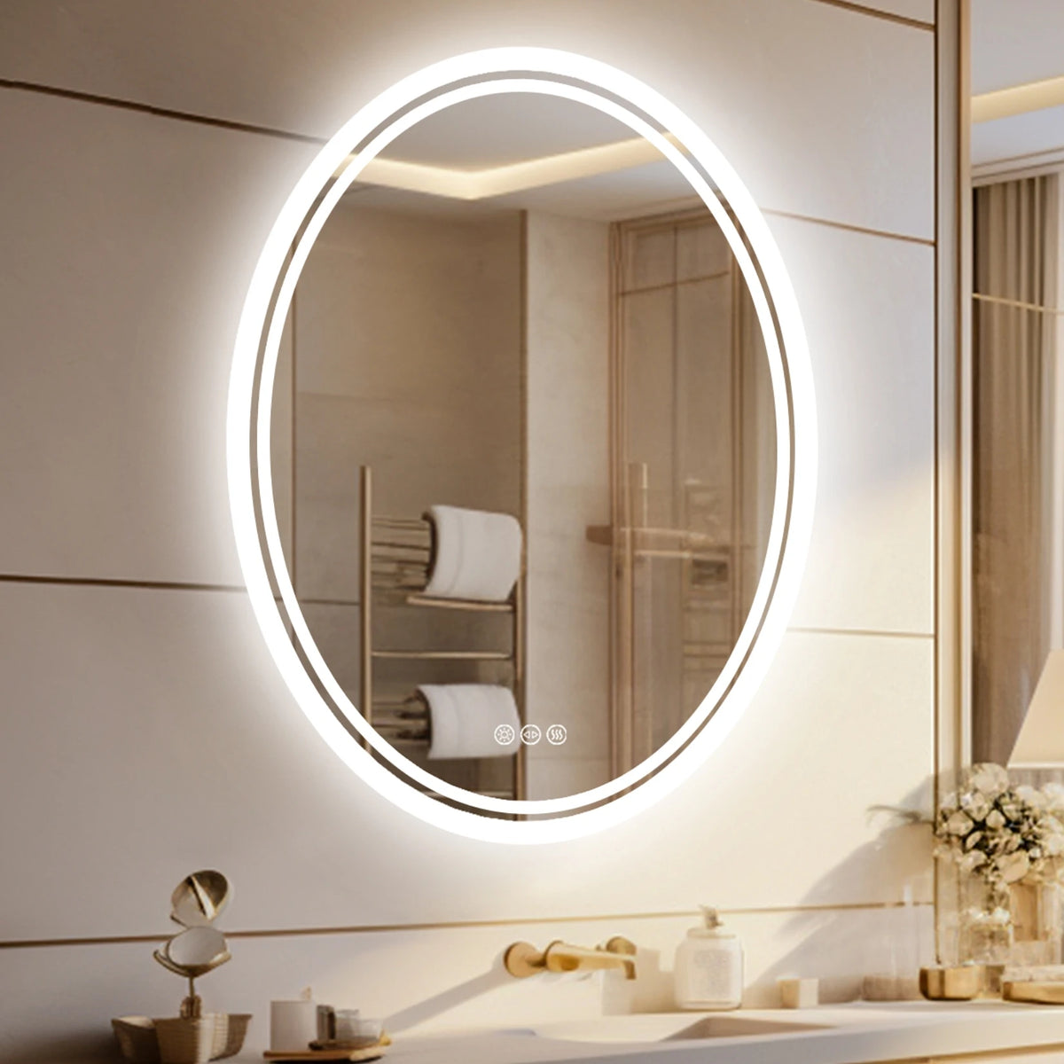Oval illuminated mirror with anti-fog function and adjustable lighting