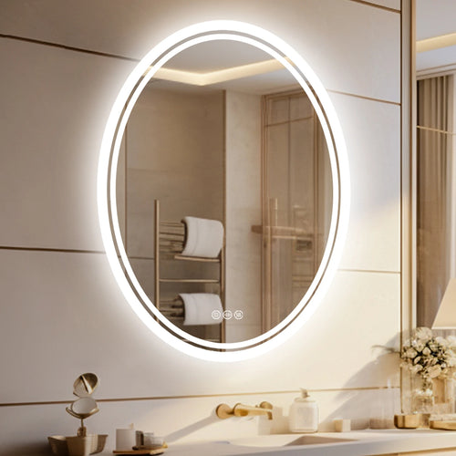 Oval illuminated mirror with anti-fog function and adjustable lighting