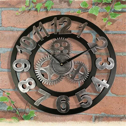 retro wooden wall clock industrial style for artistic decoration - vue 5 sur 10