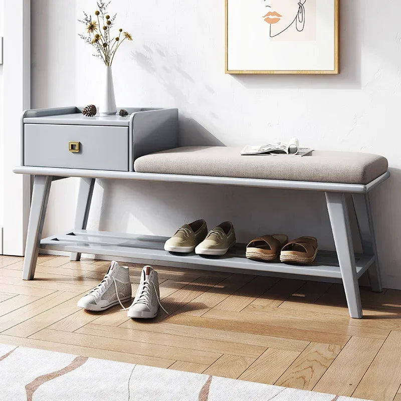 wooden shoe cabinet with drawers and built-in bench