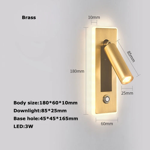 LED Brass Black Wall Lamp Wall Light Wall Sconce Wall Mounted Reading Light with Switch and USB Port, Rotatable For Bedroom - vue 9 sur 23