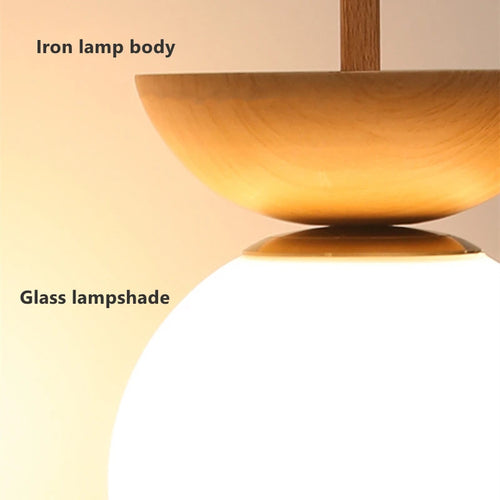 Nordic walnut wood grain LED ceiling light with round glass shade - vue 7 sur 10