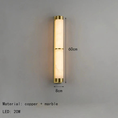 Cylindrical natural marble and gold brass wall light for hotels