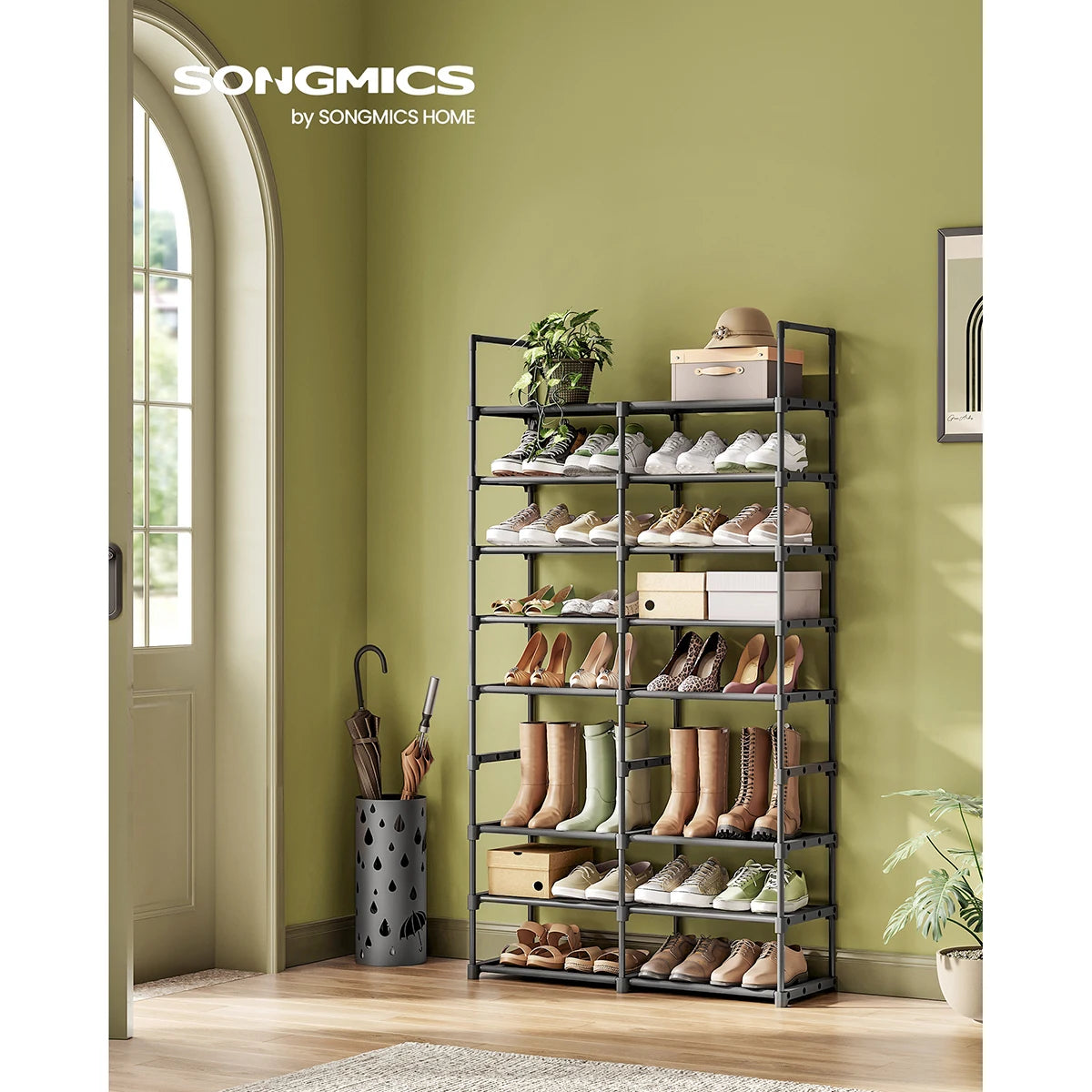 SONGMICS Adjustable Shoe Rack, 8-Tier Shoe Organiser, Shoe Storage Shelf, Steel Tubes and Non-Woven Fabric, Holds up to 32 Pairs