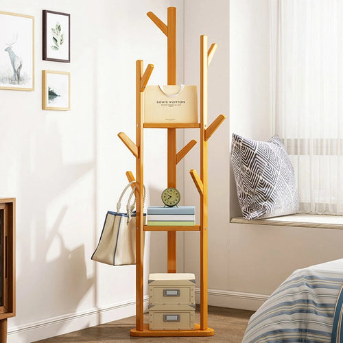 bamboo corner coat rack with hooks and shelves