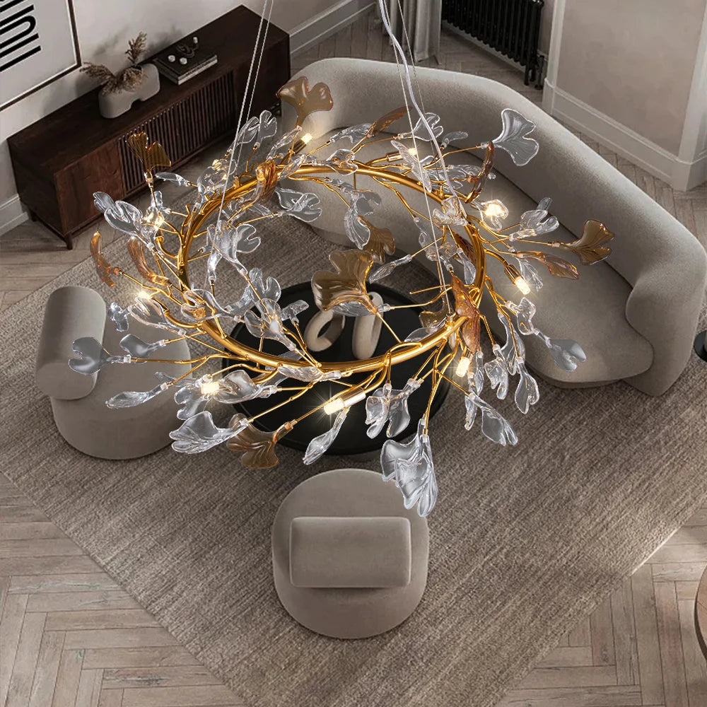 Nordic design chandelier with enamelled glass leaves for hotel, living room, dining room, bedroom, art hall decoration - vue 4 sur 11