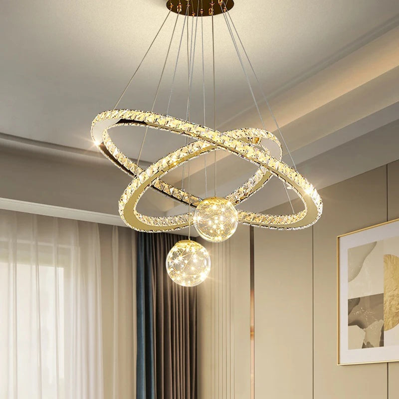 Modern LED crystal chandelier gold ring star glass ball - vue 3 sur 13