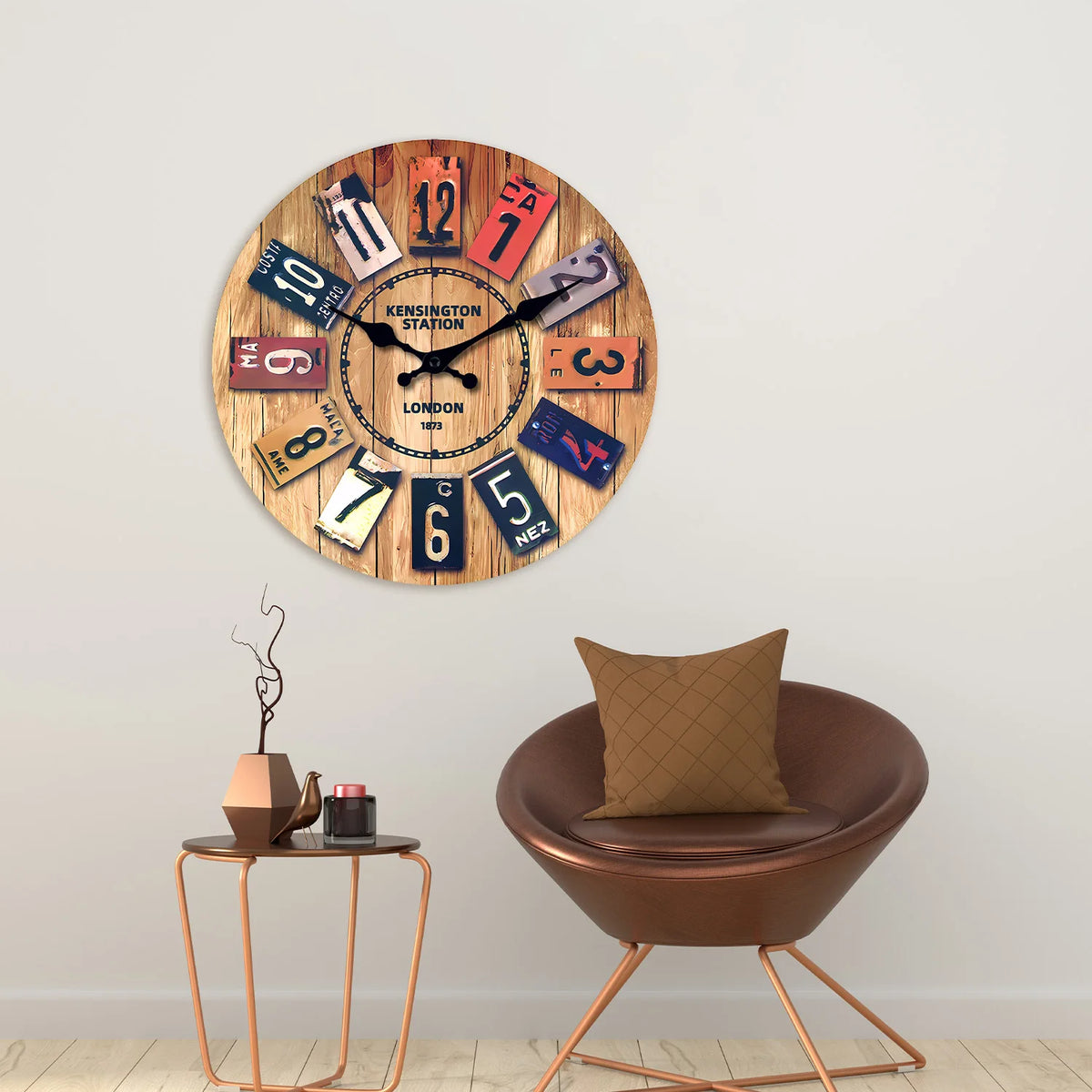 A Creative Retro Wooden Density Board Veneer Decorative Wall Clock, 1873 London Kaiston Station Element Pattern Design Wall Clock, Silent Silent Quartz Clock, Living Room Bedroom, Room Decoration, Mental Home Decoration, Birt