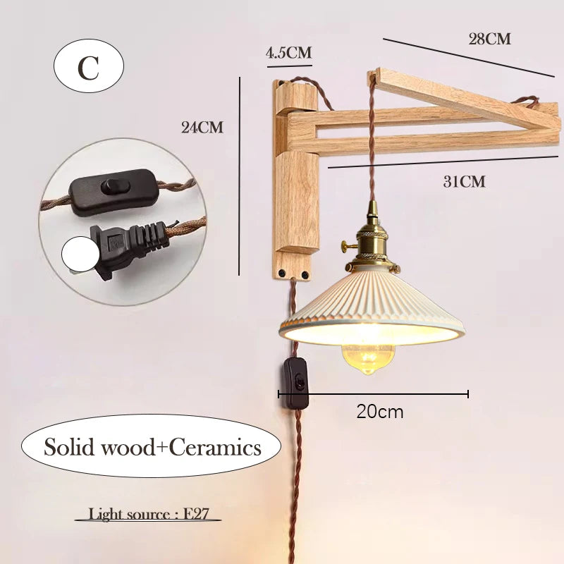 Foldable wooden and glass wall light nordic retro style