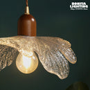 Lotus pendant light in walnut, brass and vintage glass