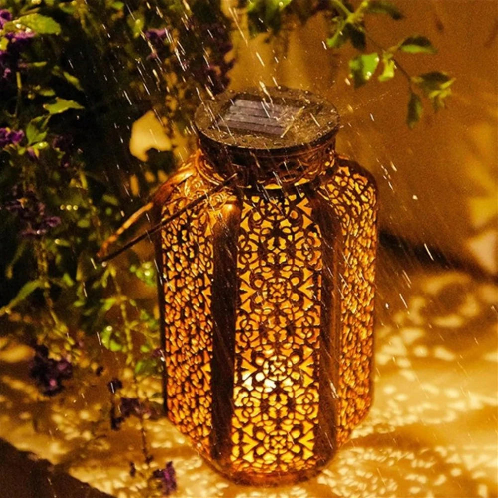 Retro solar lantern with cut-out pattern for outdoor and decoration