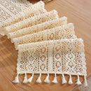 Beige vintage crochet lace table runner with tassels