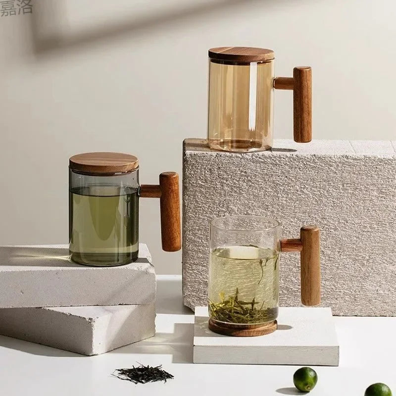 borosilicate glass mug with wooden handle and lid - vue 3 sur 8