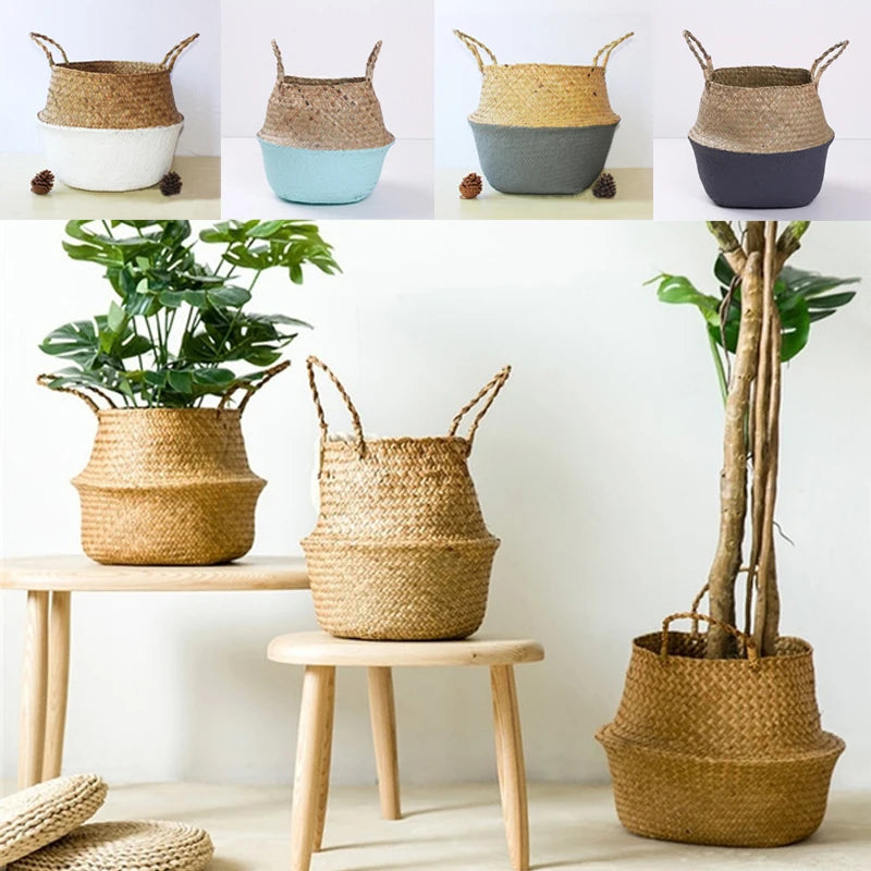 Foldable rattan storage baskets with handle for multiple uses