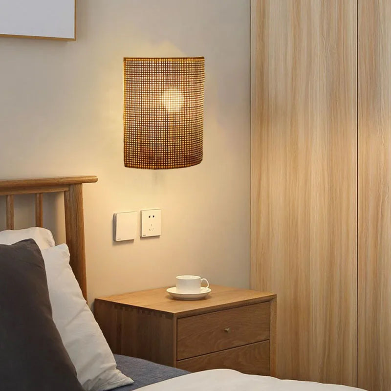 Southeast Asian style rattan wall light with minimalist switch