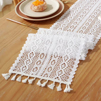 Beige vintage crochet lace table runner with tassels