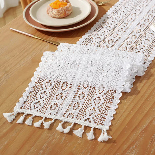 Vintage crochet lace table runner with tassels - vue 8 sur 12