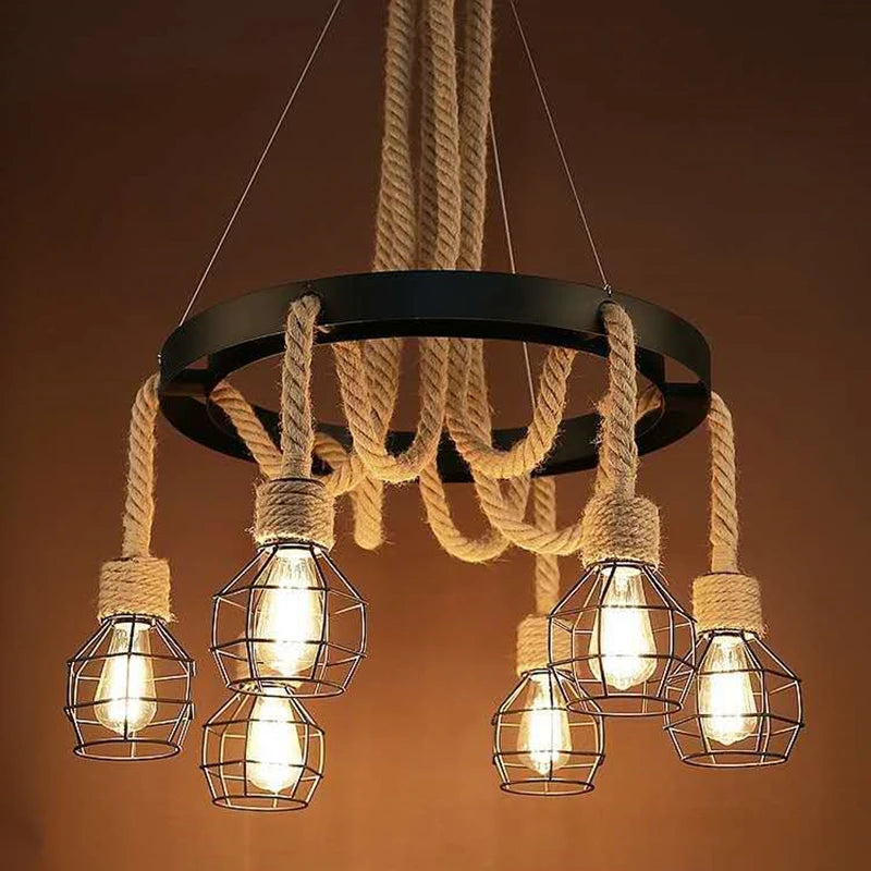 Industrial rustic pendant lights with rope for indoor use