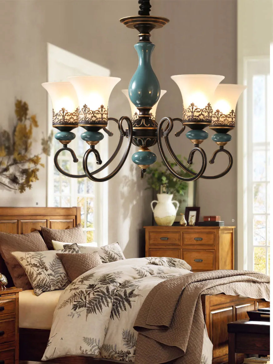 European retro ceramic chandelier with glass shade