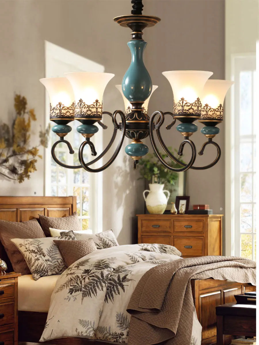 European retro ceramic chandelier with glass shade - vue 2 sur 21