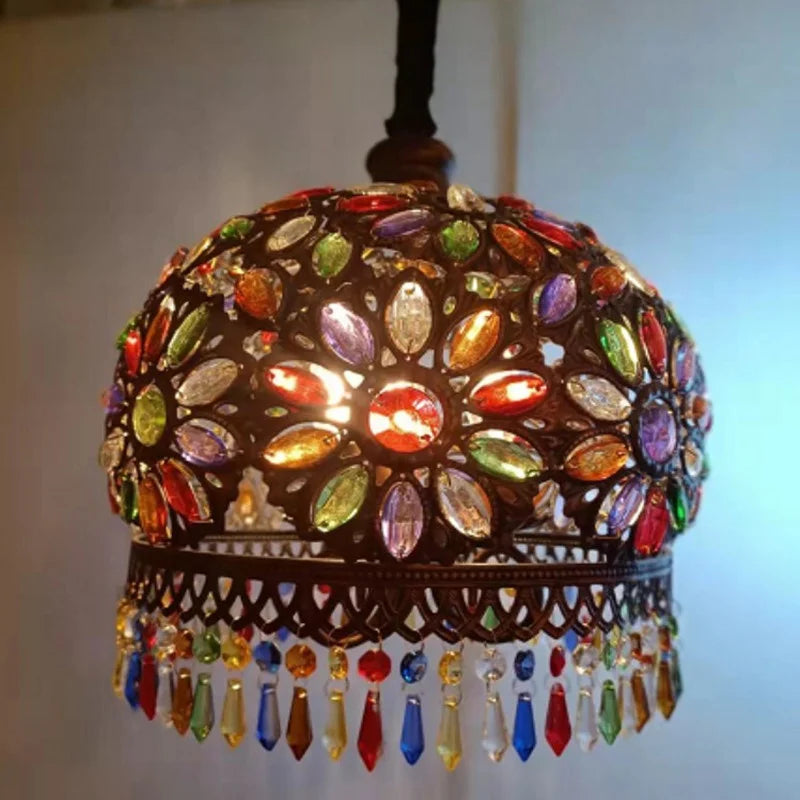 Vintage crystal chandelier with colourful glass for bohemian décor
