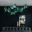 Artistic chandelier with suspended glass leaves LED for hotel