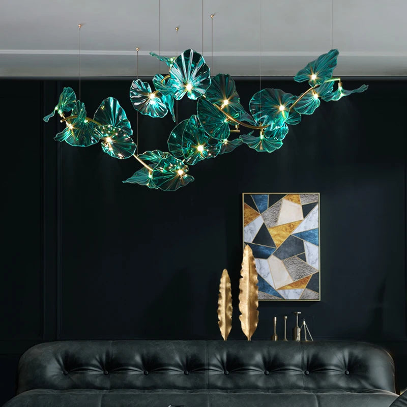 Artistic chandelier with suspended glass leaves LED for hotel