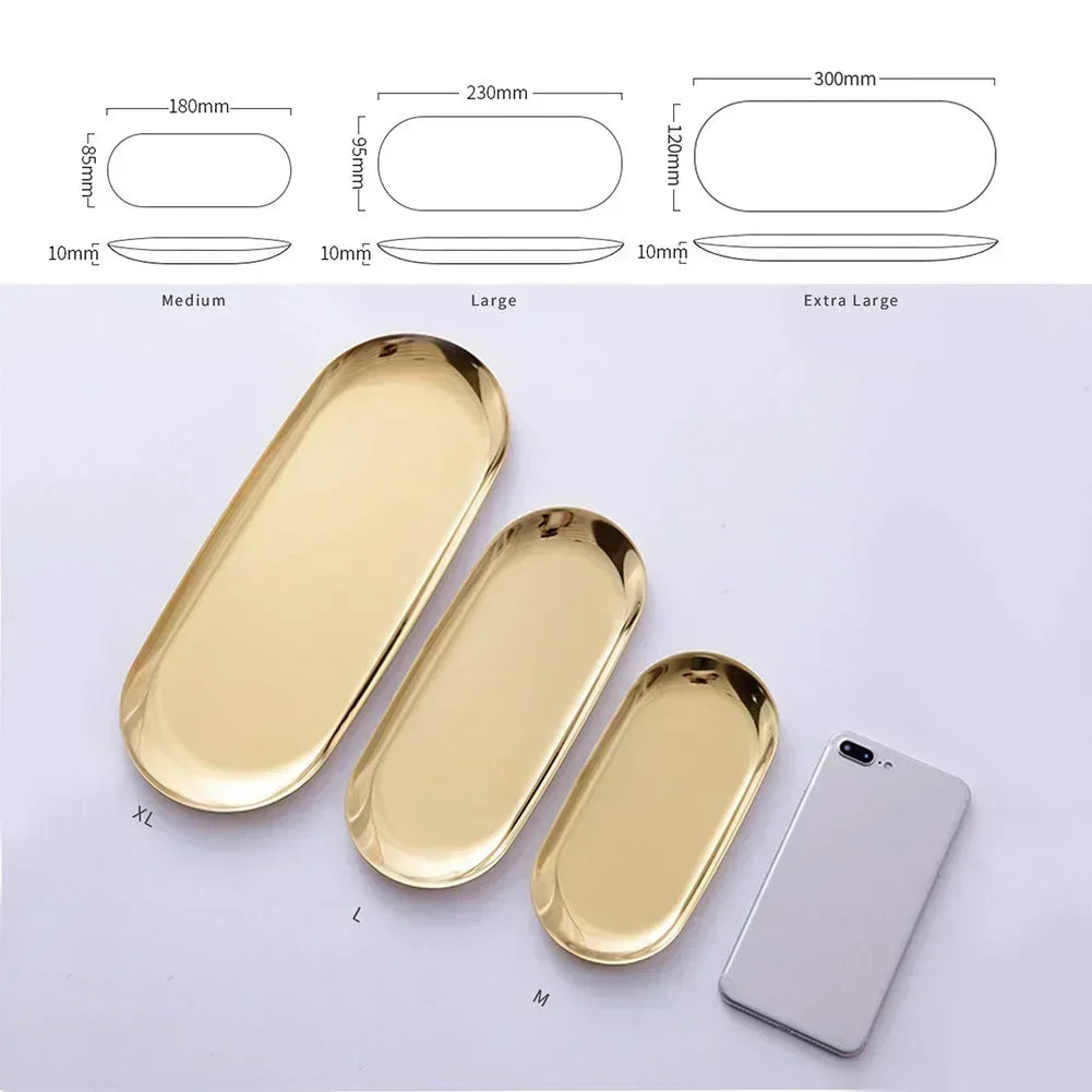 Gold stainless steel oval storage tray for various items - vue 5 sur 6
