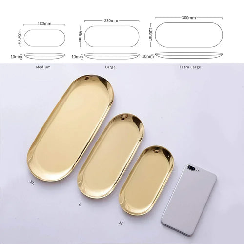 Gold stainless steel oval storage tray for various items - vue 6 sur 6