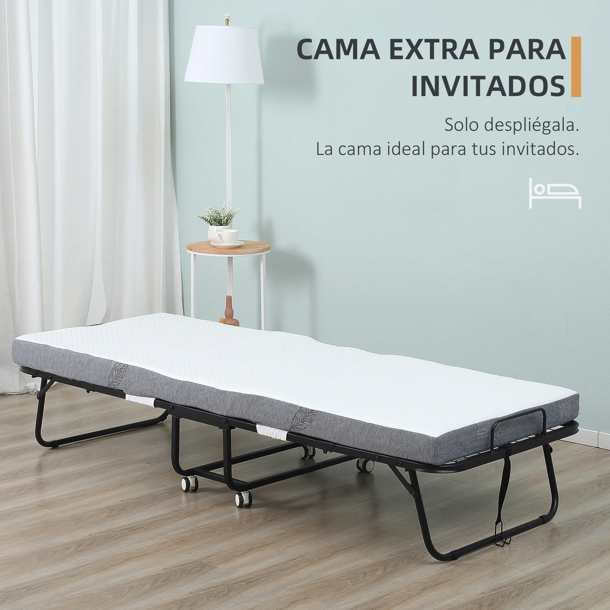 HOMCOM folding bed 200x80x42,5 cm with single mattress wheels living room office - vue 2 sur 6