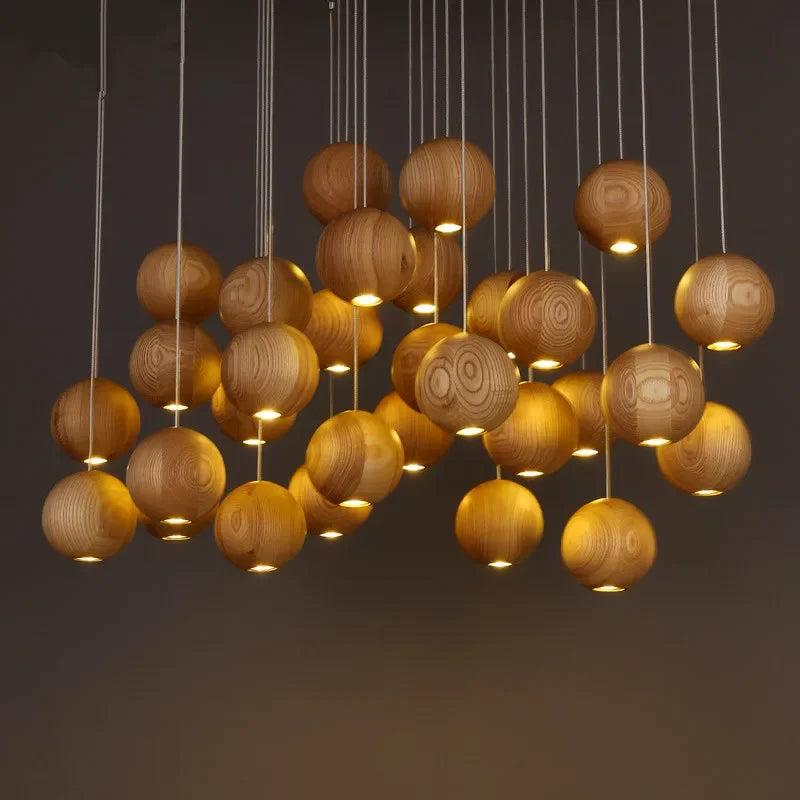 Modern wooden LED pendant light GZMJ with multiple heads - vue 4 sur 11