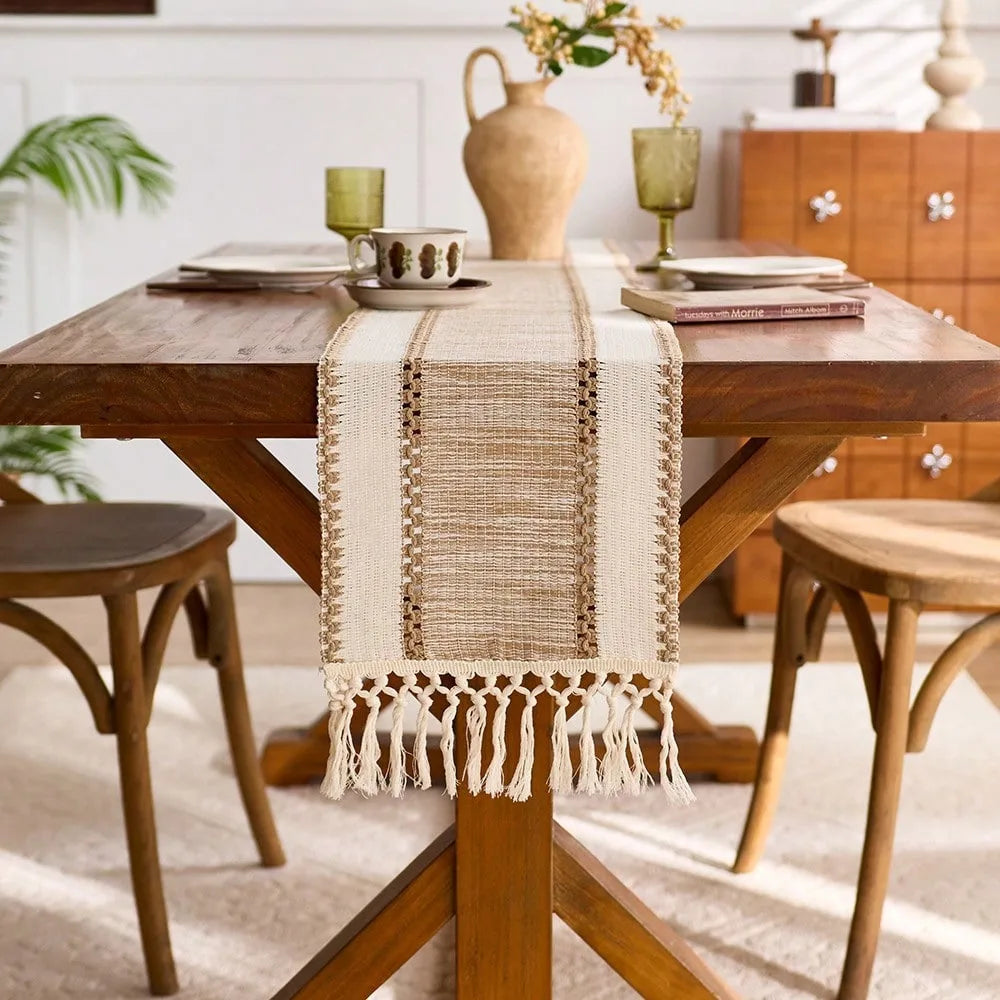 Green striped boho table runner with hand-woven tassels