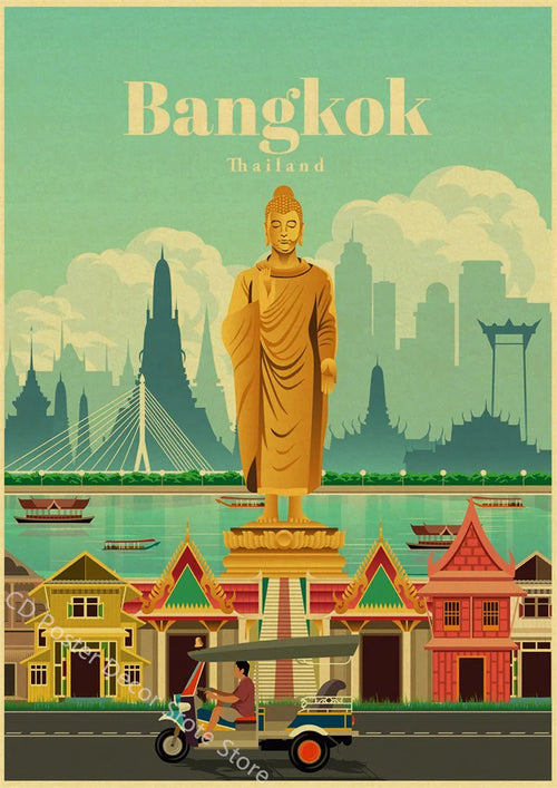 Vintage world cities poster architecture and landmarks