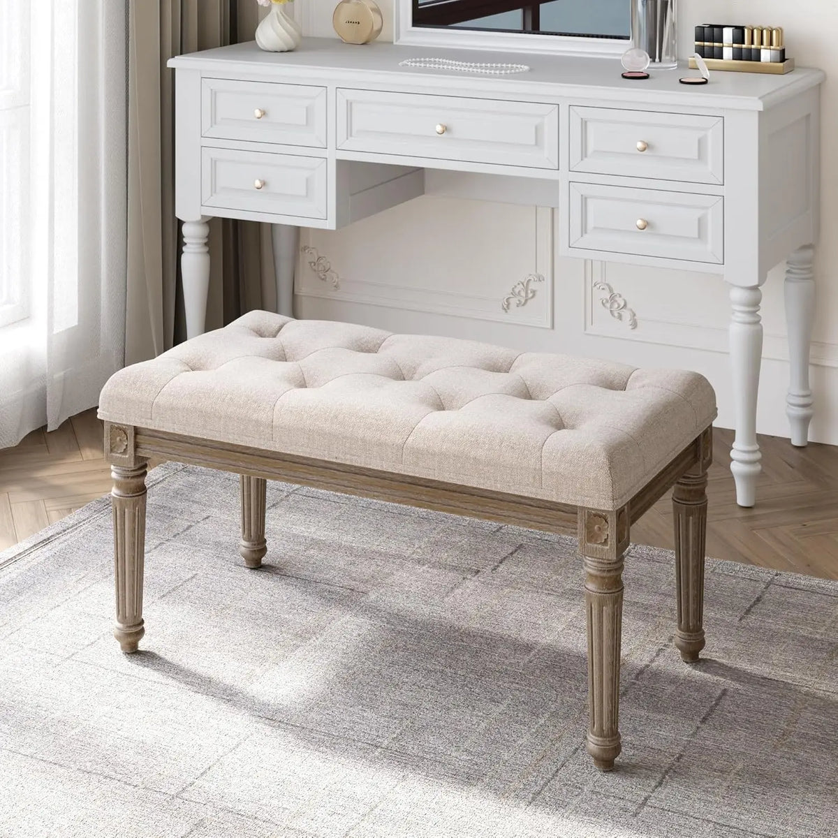 Beige Bench for Dining Room Table, Upholstered Vanity Stool Piano Bench Makeup Stool with Rustic Wood Vanity Stool Foot Rest - vue 1 sur 6