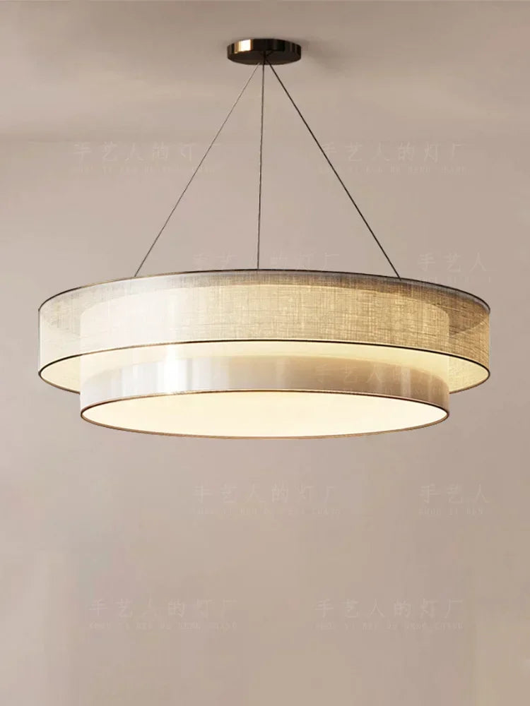 Chinese zen style circular chandelier with fabric engineering lighting