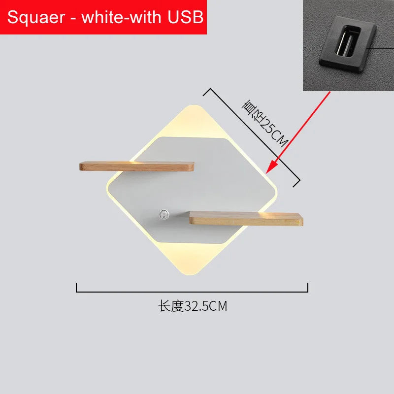 Nordic LED wall light with shelf and USB charger